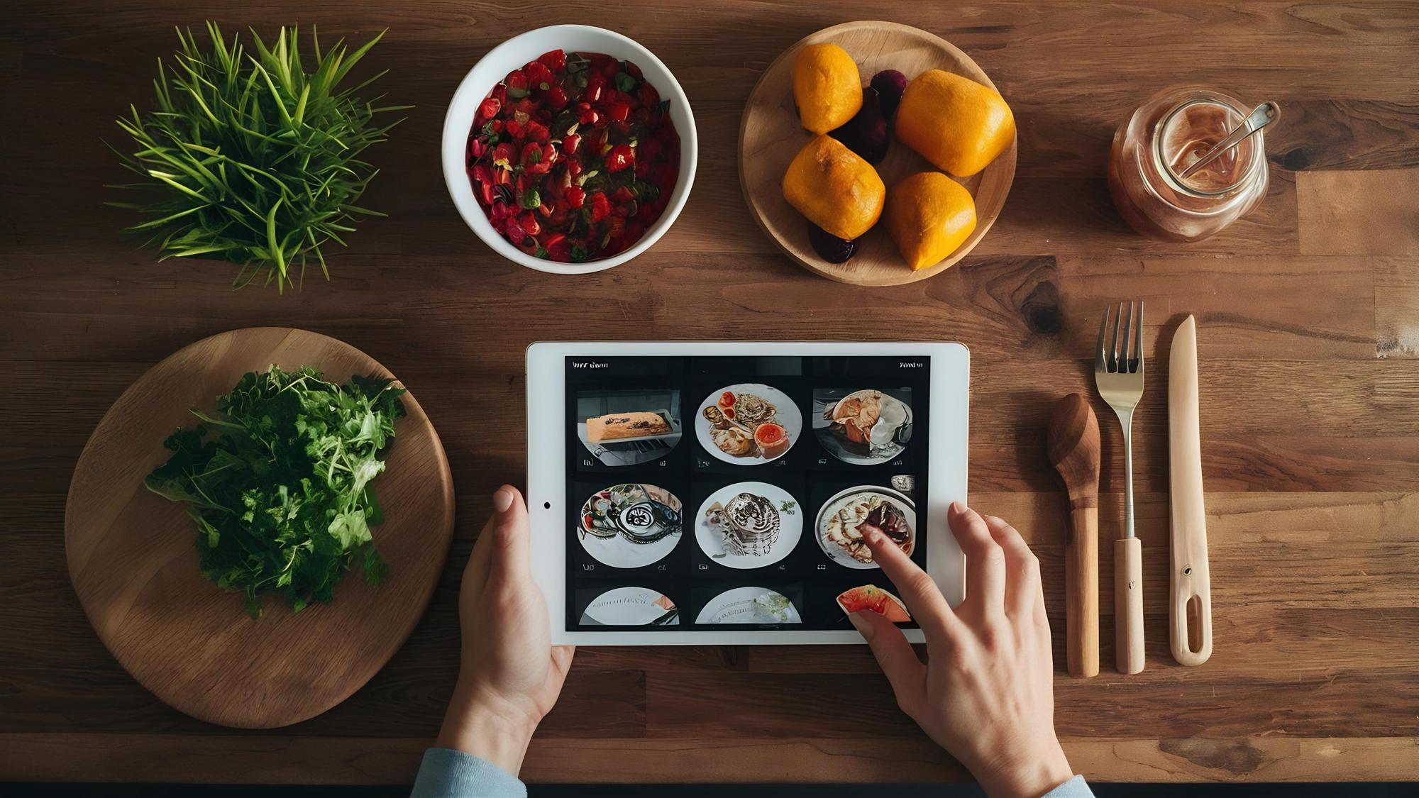 Overhead of hands plating a modern dish with digital tablet nearby
