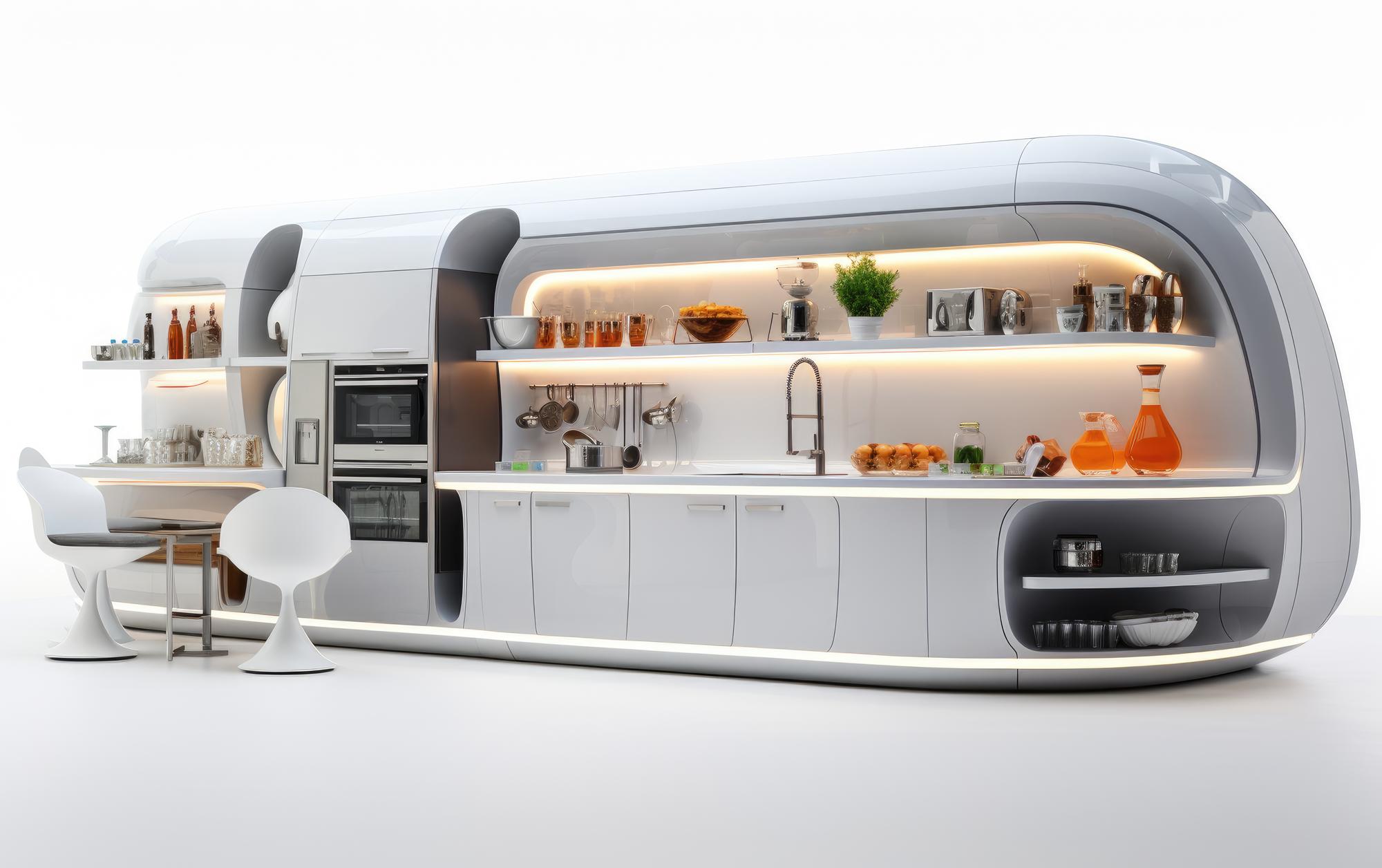 Large shot of futuristic kitchen studio with chefs at stations