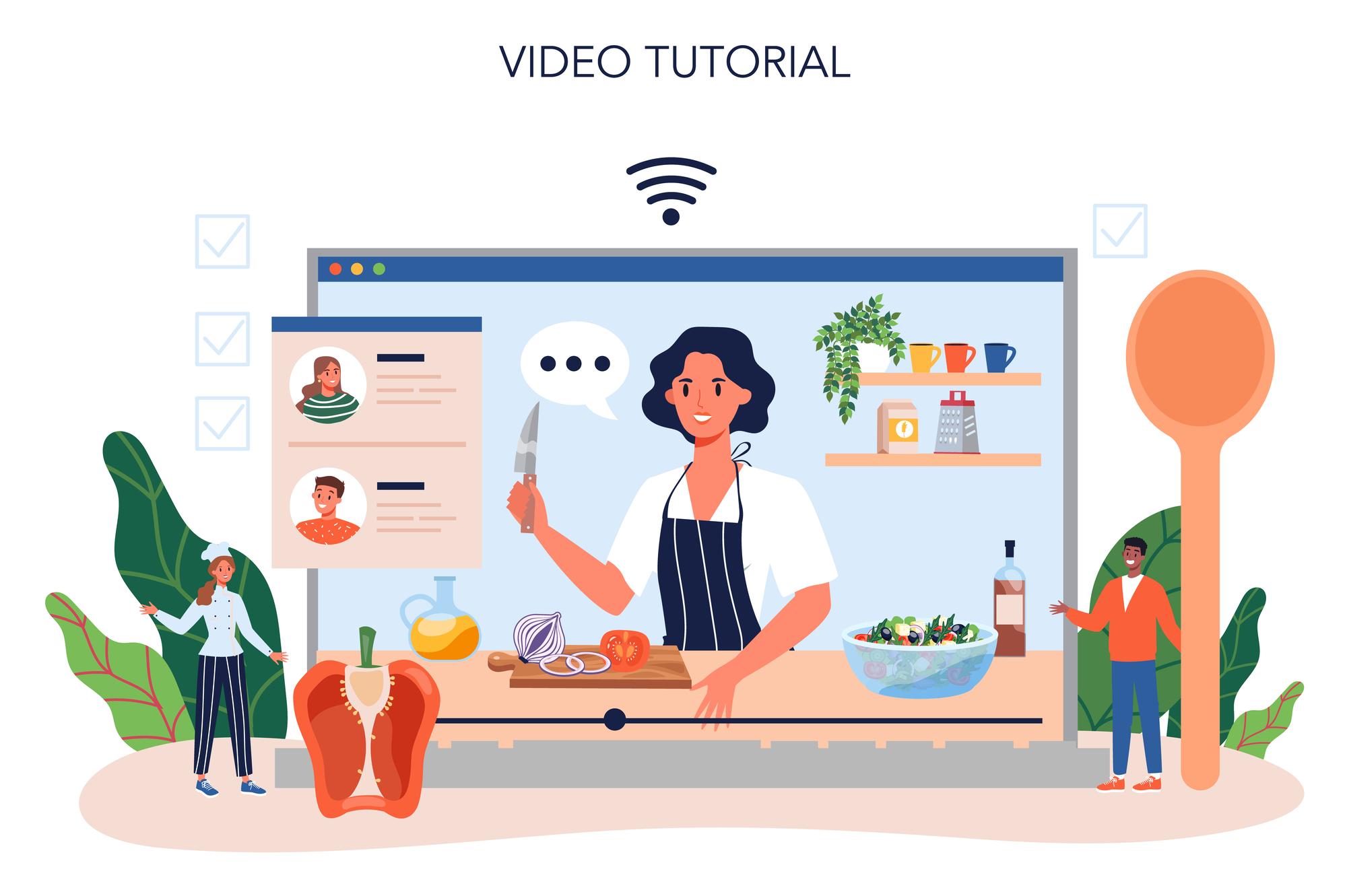 Student following a live online cooking lesson on laptop